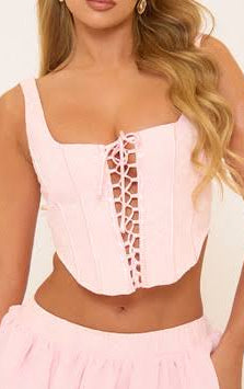 Ego - Square Neck Lace Up Front Detail Structured Corset Top In Baby Pink Lace