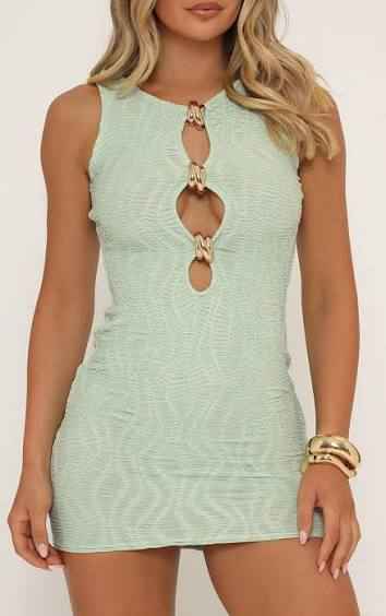 Sleeveless Gold Trim Detail Cut Out Mini Bodycon Dress In Green Texture
