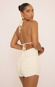 Ego - Plunge Halterneck Gathered Side Detail Micro Playsuit In Cream Textured
