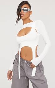 Ego - Long Sleeve Suspender Detail Double Layered Crop Top In Cream Slinky