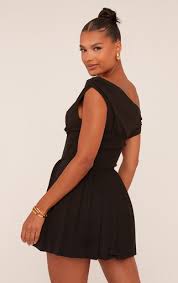 Ego - Asymmetric Bardot Corset Detail Pleated Mini Dress In Black Woven