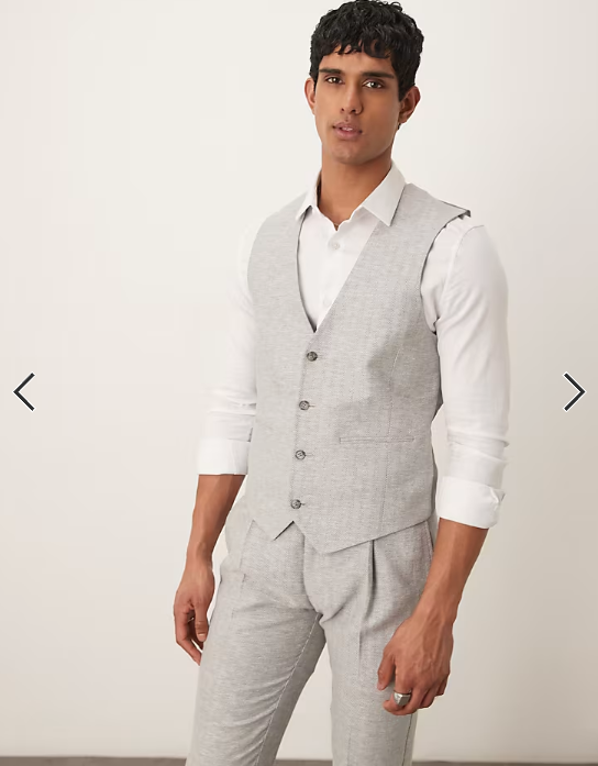 ASOS DESIGN linen cotton blend slim suit waistcoat in grey herringbone