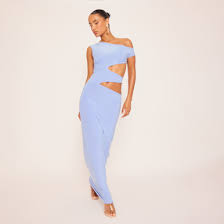 Ego - Asymmetric One Shoulder Cut Out Maxi Dress In Blue Slinky