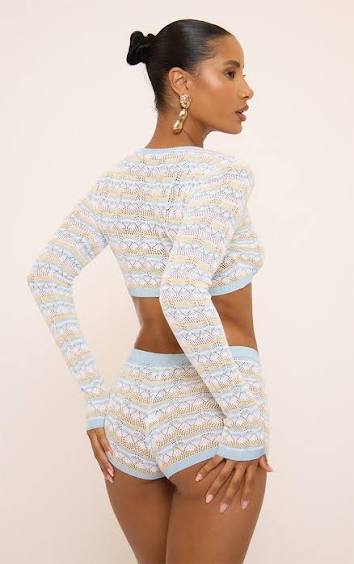 Ego -  Long Sleeve Super Crop Top In Muti Wave Print Knit