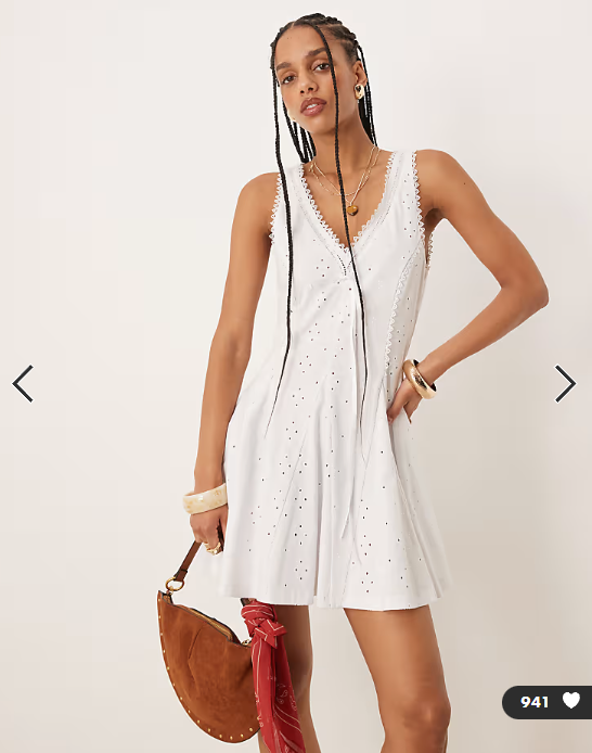 ASOS DESIGN broderie sleeveless v neck swing mini dress in white