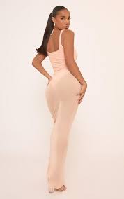 Scoop Neck Bodysuit Insert Maxi Dress In Nude Mesh