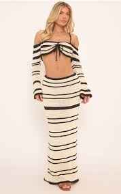 Ego - mid rise contrast maxi skirt and crochet top in black and stone knit Set