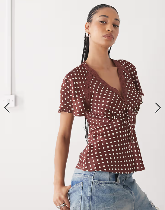 Reclaimed Vintage satin tea top with flutter sleeves and lace in brown polka dot
