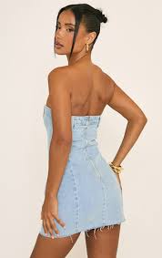 Ego - Bandeau Button Detail Fitted Mini Dress In Blue Denim