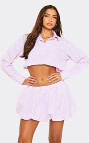 Ego - Long Sleeve Open Tie Back Detail Cropped Shirt In Pink Stripe