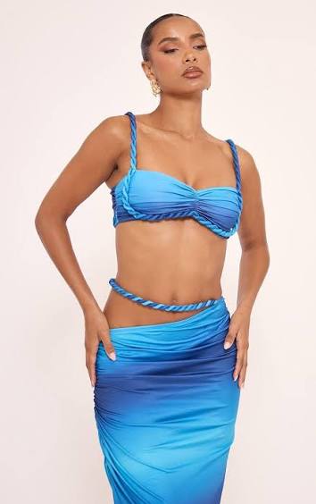 Twisted Strap Ruched Front Bralet Top And Cut Out Detail Maxi Skirt Co-Ord Set In Blue