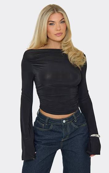 Plt - Bardot Flared Sleeve Top In Black Slinky