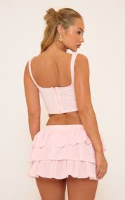 Ego - Square Neck Lace Up Front Detail Structured Corset Top In Baby Pink Lace