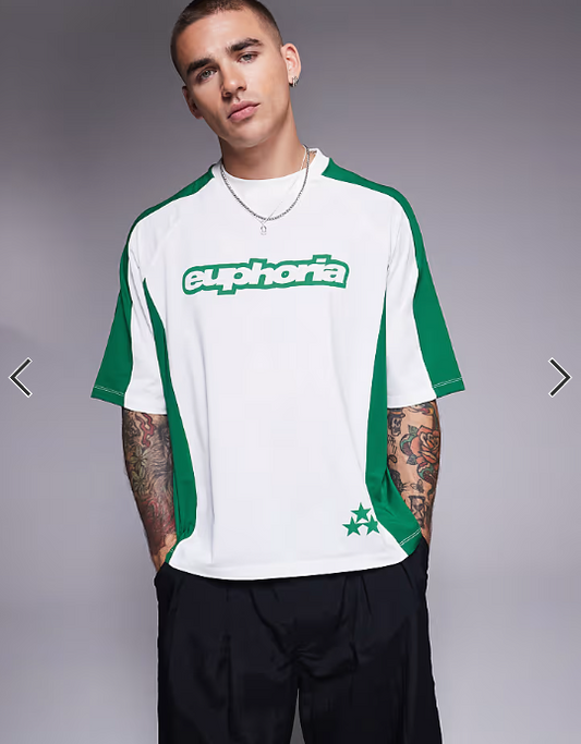 ASOS DESIGN boxy oversized t-shirt with panelling and text graphic in white sports fabric .