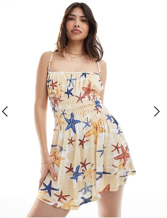 ASOS DESIGN square neck cami shirred bodice mini dress in starfish print