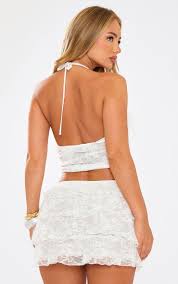 Ego - Halterneck Keyhole Frill Detail Crop Top In Cream Lace