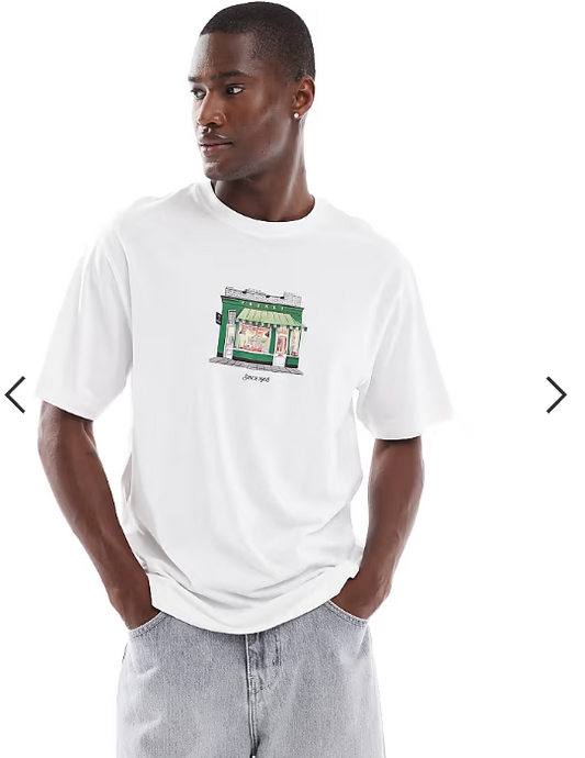 ONLY & SONS oversized T-shirt with shop print in white.