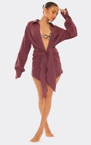 Ego - Long Sleeve Wrap Front Beach Dress In Brown