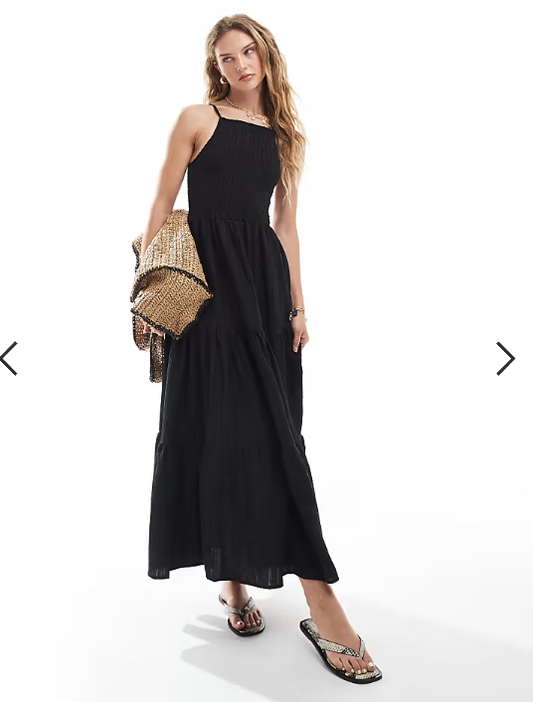 Brave Soul strappy tiered maxi dress with shirred bust in black