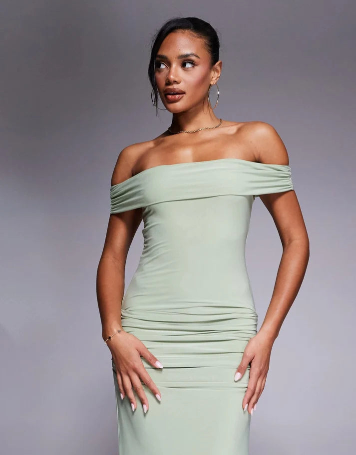 Kaiia exclusive double layered slinky bardot gathered waist detail maxi dress in sage