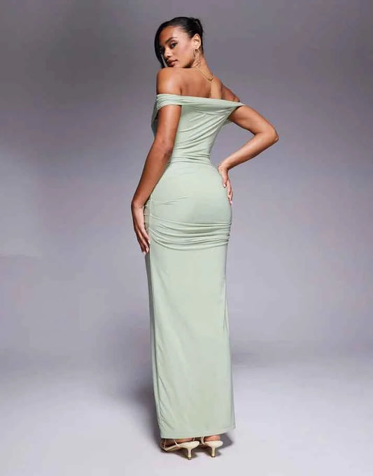Kaiia exclusive double layered slinky bardot gathered waist detail maxi dress in sage
