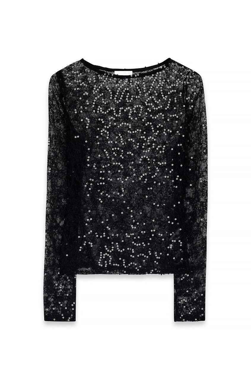 Na-kd Lace Sequin Long Sleeve Top