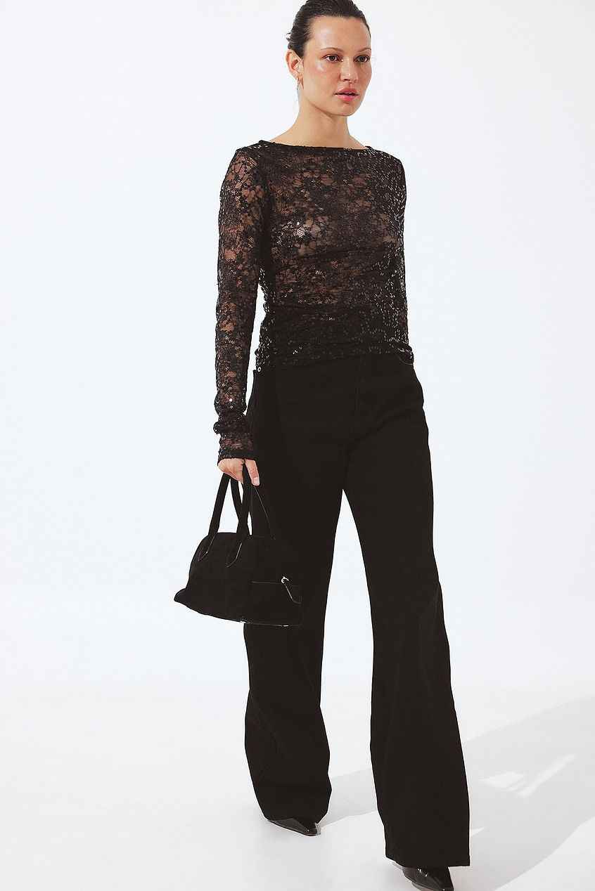 Na-kd Lace Sequin Long Sleeve Top