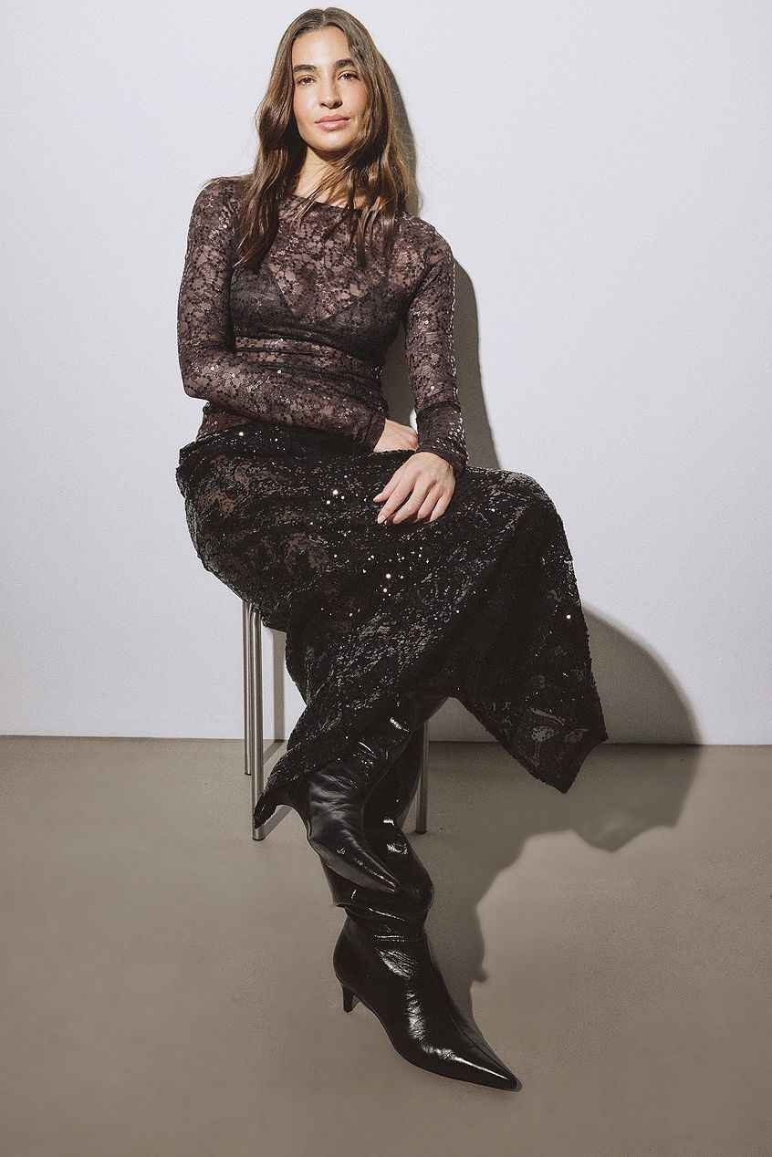 Na-kd - Lace Sequin Long Sleeve Top