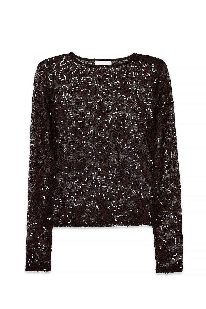 Na-kd - Lace Sequin Long Sleeve Top