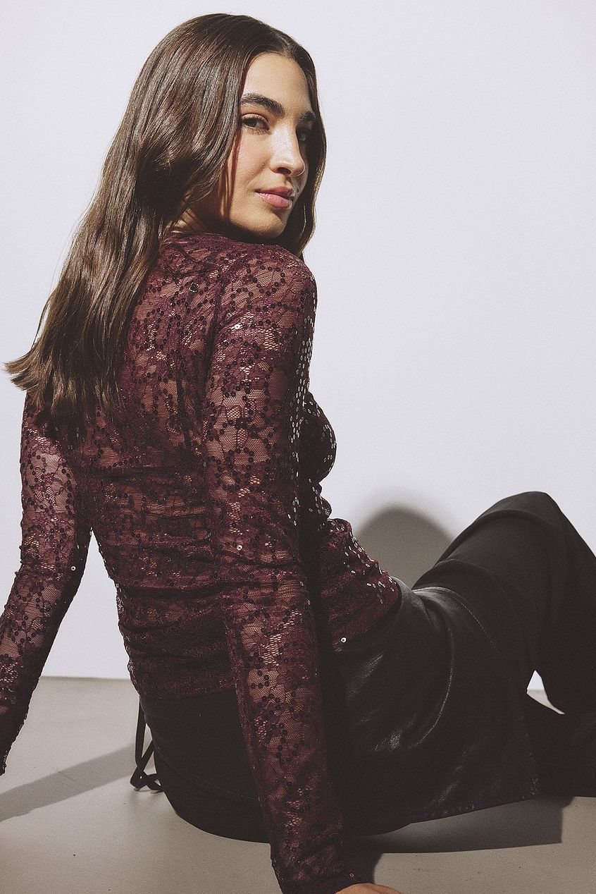 Na-kd Lace Sequin Long Sleeve Top