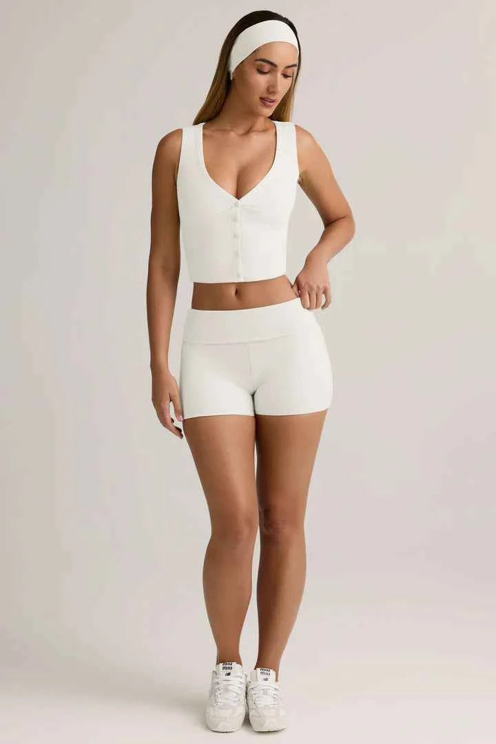 Ohpolly - Modal Ribbed Mid-Rise Foldover Shorts in White