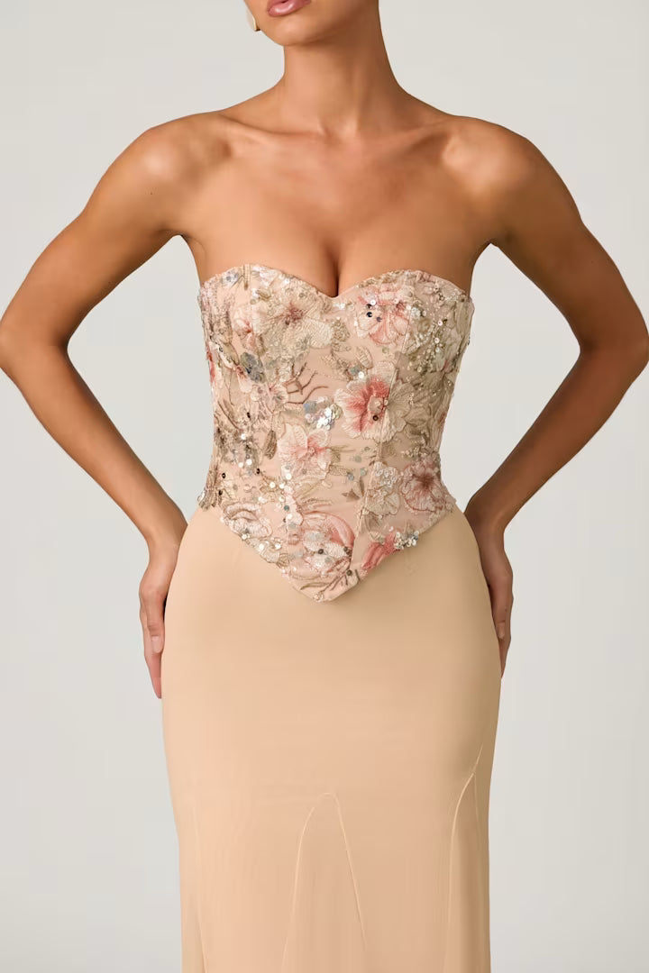 OhPolly - Embellished Corset Fishtail Gown in Floral Beige