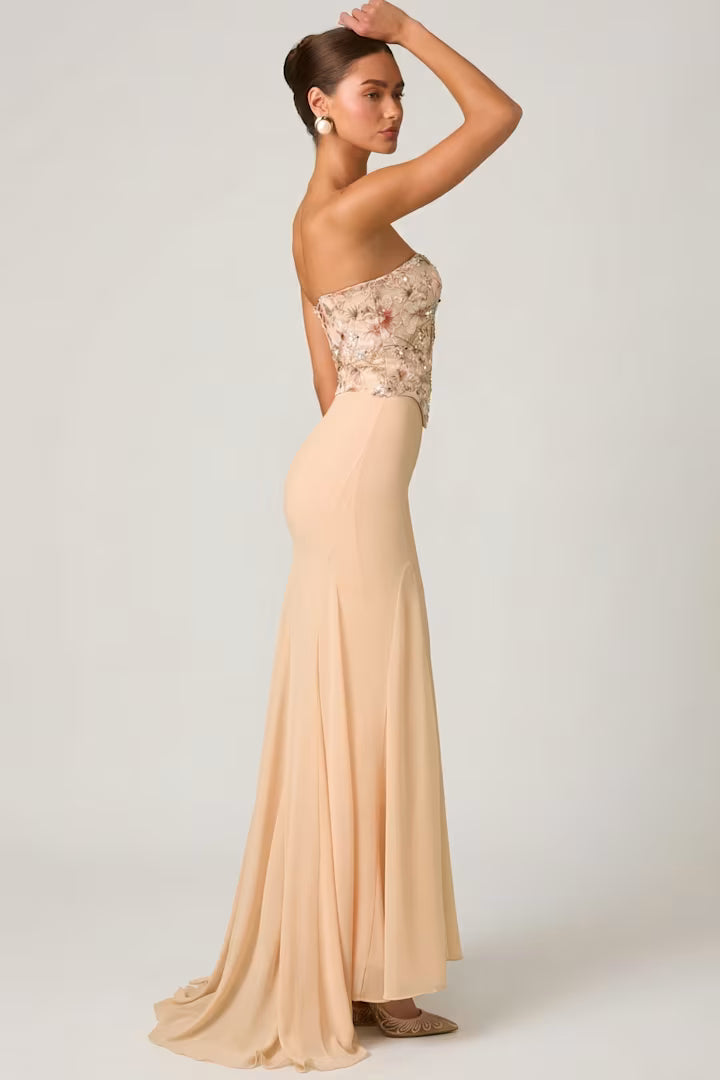 OhPolly - Embellished Corset Fishtail Gown in Floral Beige