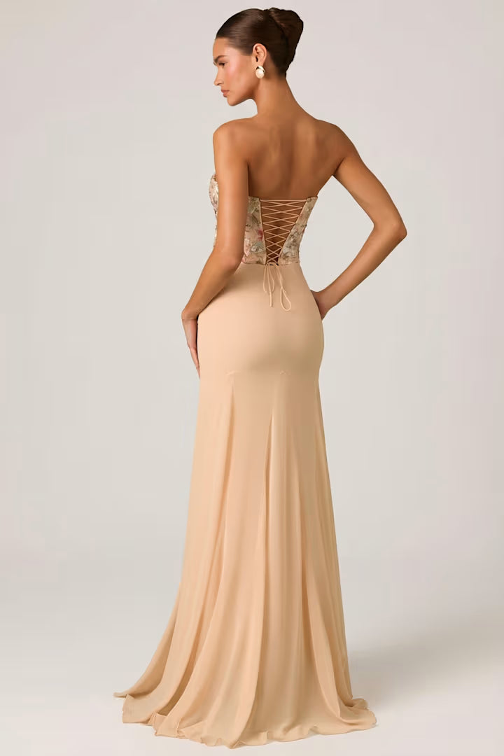 OhPolly - Embellished Corset Fishtail Gown in Floral Beige