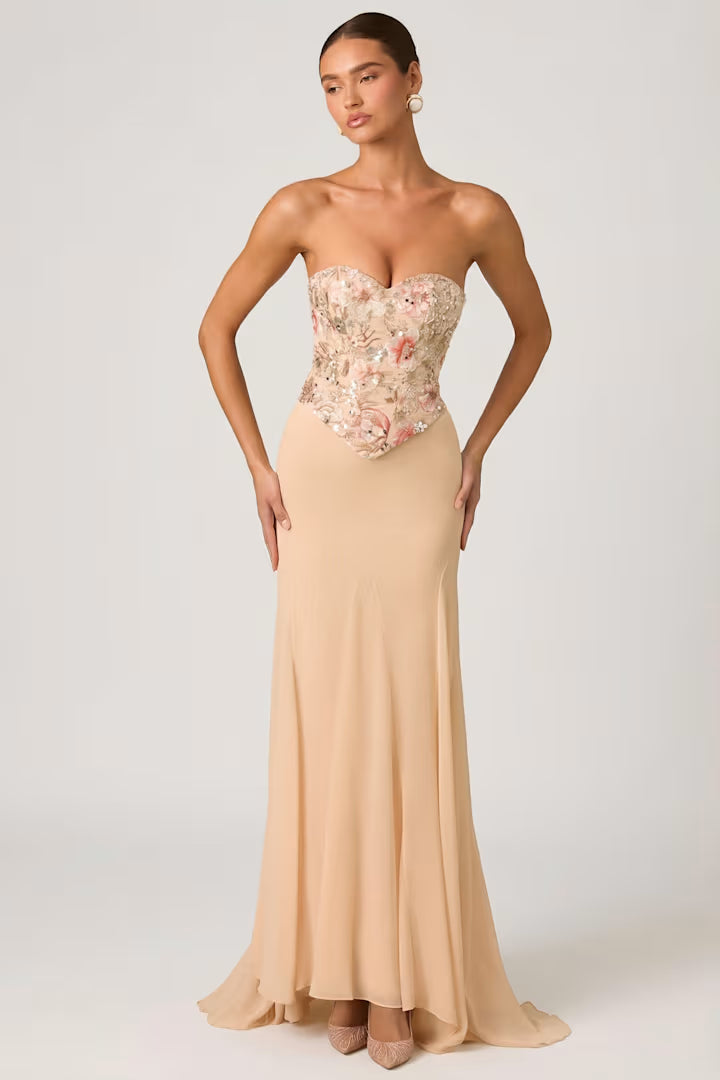 OhPolly - Embellished Corset Fishtail Gown in Floral Beige