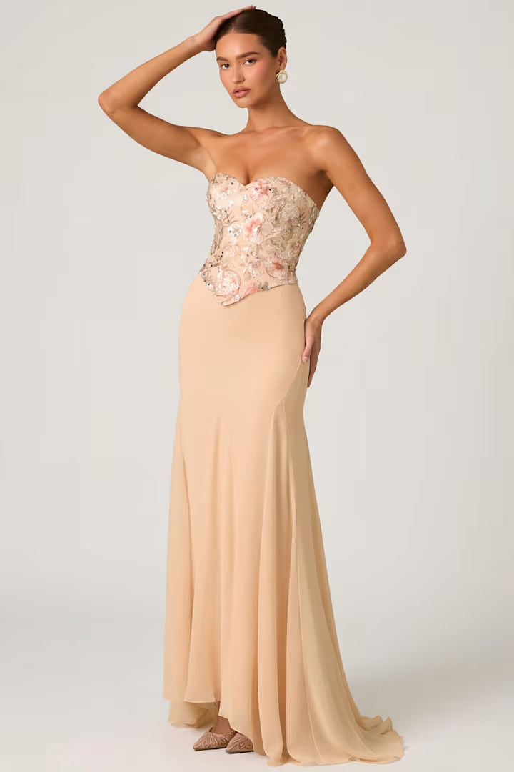 OhPolly - Embellished Corset Fishtail Gown in Floral Beige