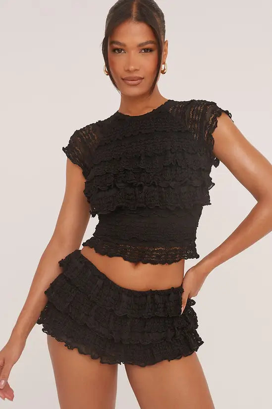 EGO Short Sleeve Crew Neck Frill Trim Textured T-shirt