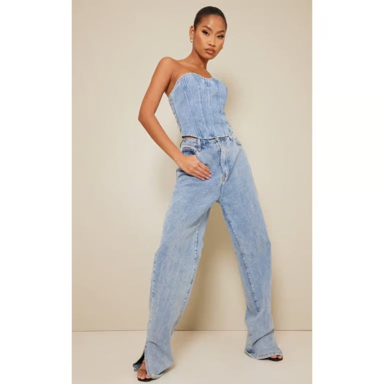 Plt - Acid Blue Wash Seam Detail Denim Corset Top