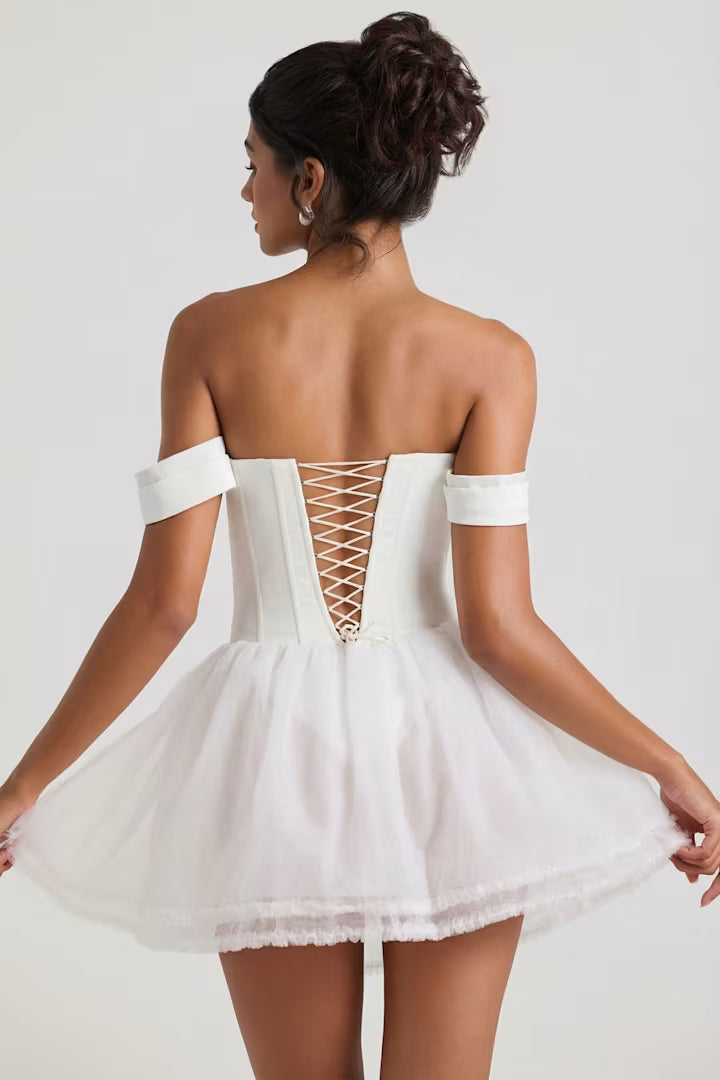 Ohpolly - Off-Shoulder Layered Corset Micro Mini Dress in White