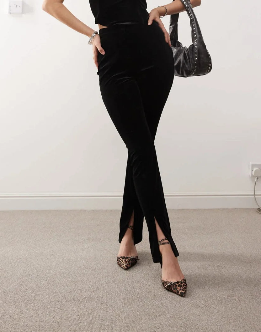 Miss Selfridge velvet tailored split front trouser in black