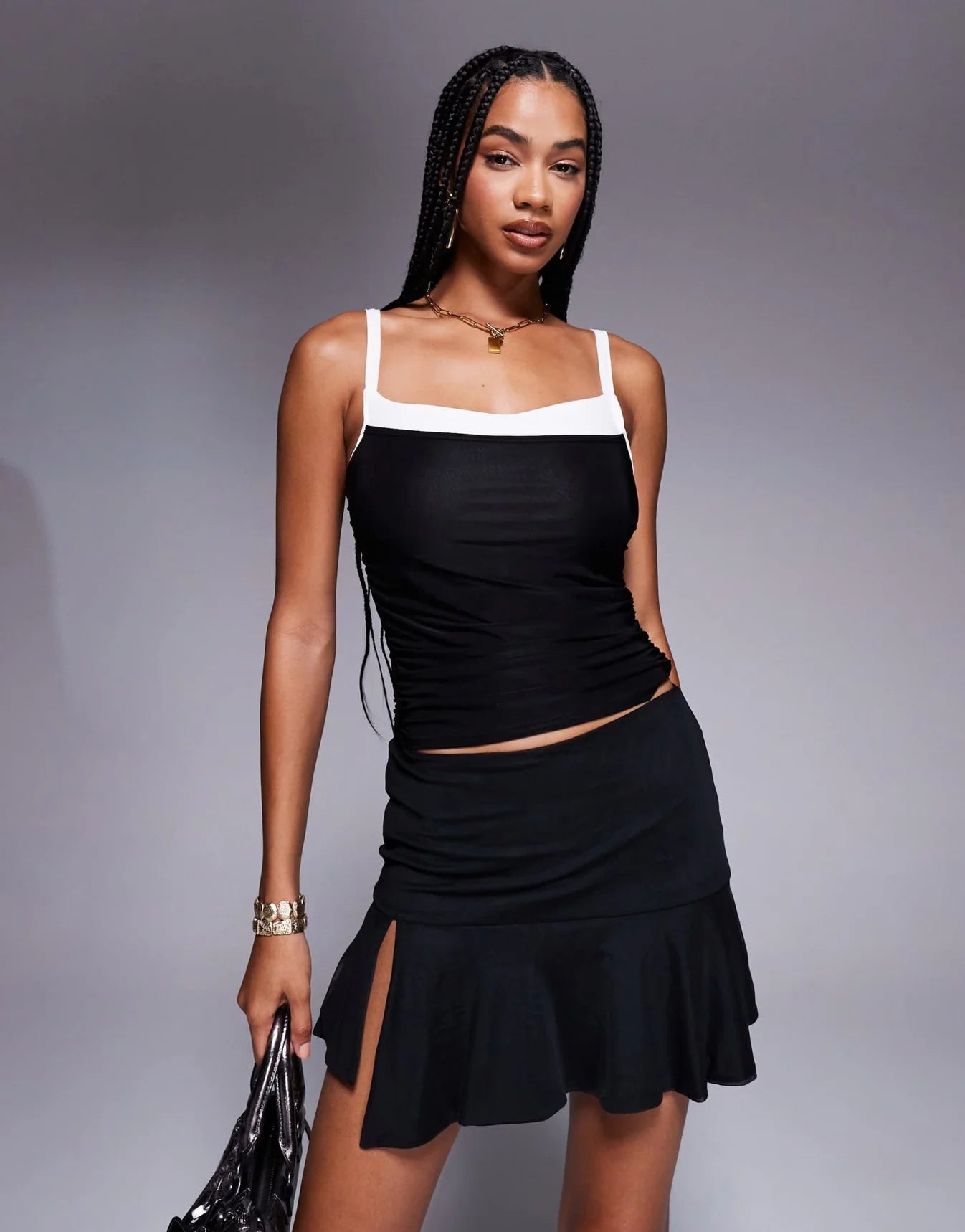 Missyempire slinky sweetheart neckline top in black mono