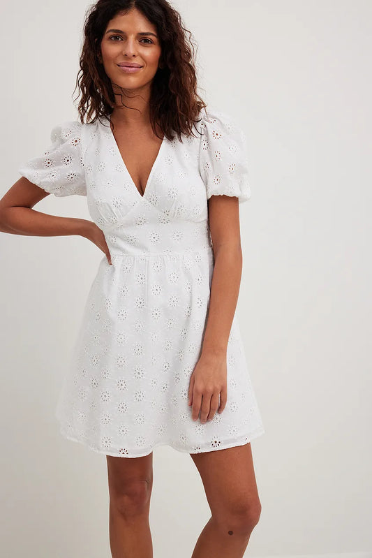 Anglaise Puff Sleeve Mini Dress White
