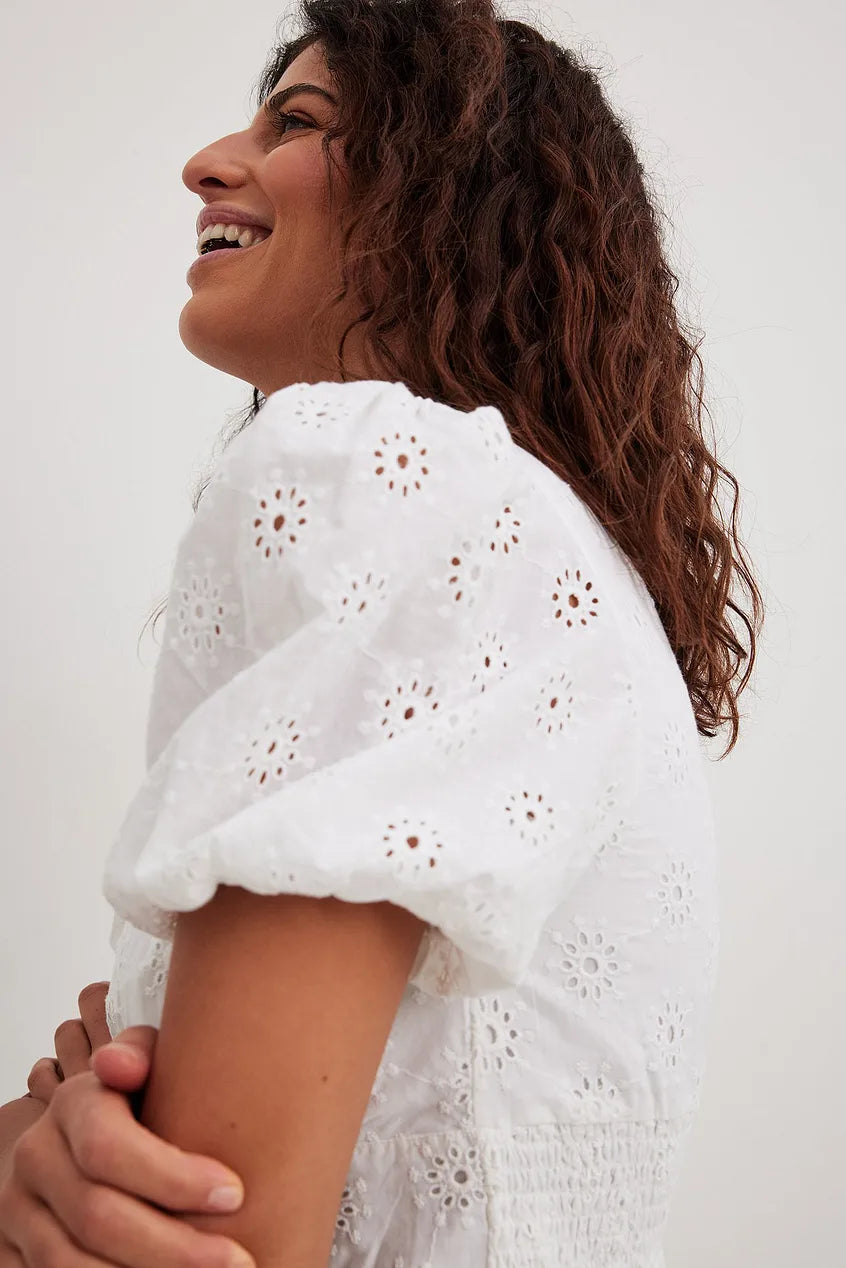 Anglaise Puff Sleeve Mini Dress White