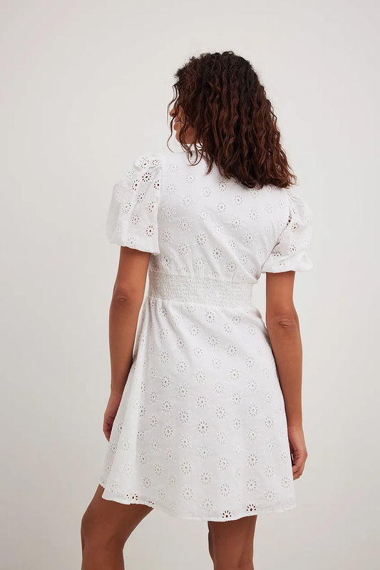 Anglaise Puff Sleeve Mini Dress White