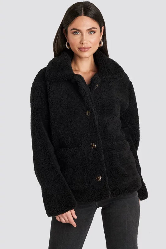 Button Teddy Jacket Black