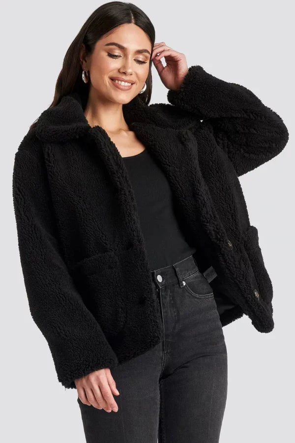 Button Teddy Jacket Black