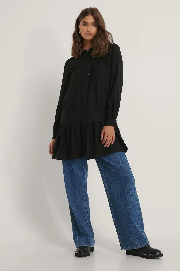 Buttoned Round Neck Flounce Mini Dress