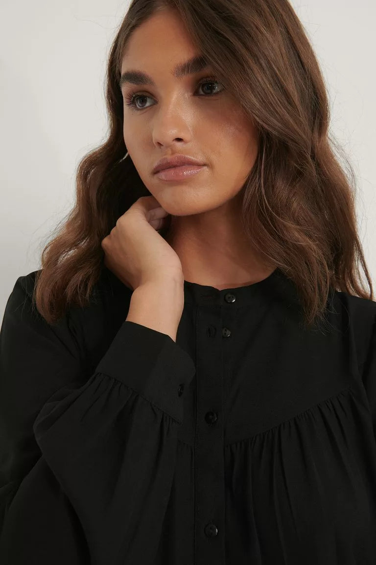 Buttoned Round Neck Flounce Mini Dress