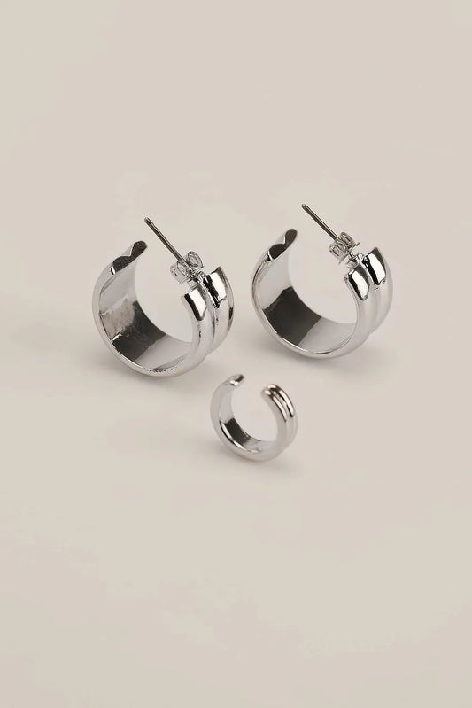 Chunky Double Layer Hoops and Ear Cuff Silver