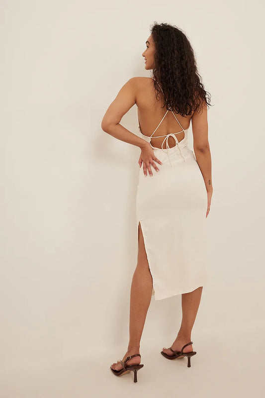 Crossed Back Waterfall Satin Dress White